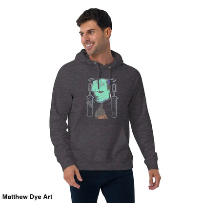 Gray eco organic cotton-blend hoodie featuring Mechanical Frankenstein graphic for autumn comfort