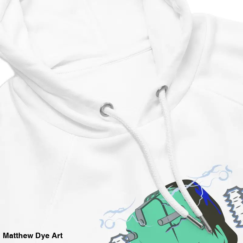 White hoodie featuring mechanical Frankenstein graphic, eco organic cotton-blend for autumn comfort