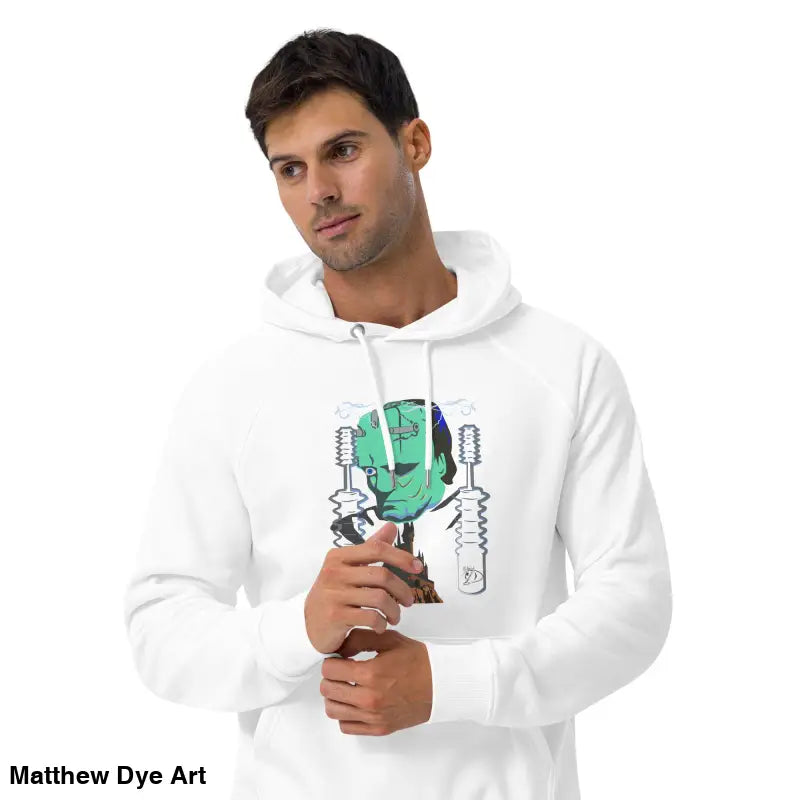 White eco organic cotton-blend hoodie featuring The Mechanical Frankenstein graphic