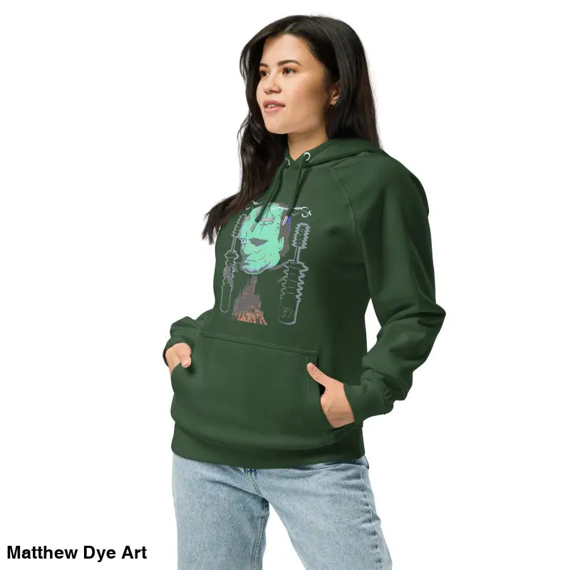 Green eco organic cotton-blend hoodie featuring a mechanical Frankenstein graphic for cozy autumn