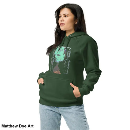 Green eco organic cotton-blend hoodie featuring a mechanical Frankenstein graphic for cozy autumn