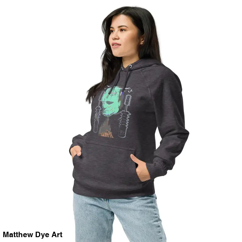 Woman’s eco organic cotton-blend hoodie featuring the Mechanical Frankenstein design