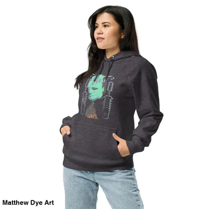 Woman’s eco organic cotton-blend hoodie featuring the Mechanical Frankenstein design