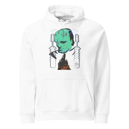 White pullover hoodie featuring a cartoon Frankenstein graphic from The Mechanical Frankenstein collection