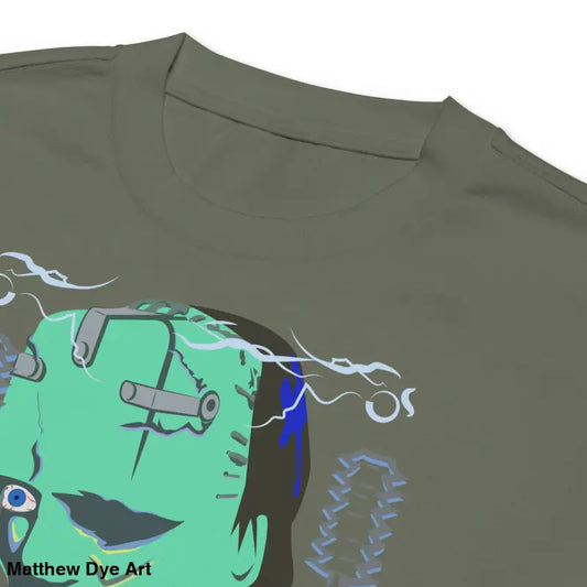 Olive green heavy long sleeve tee featuring Frankenstein Halloween graphic on comfortable cotton blend