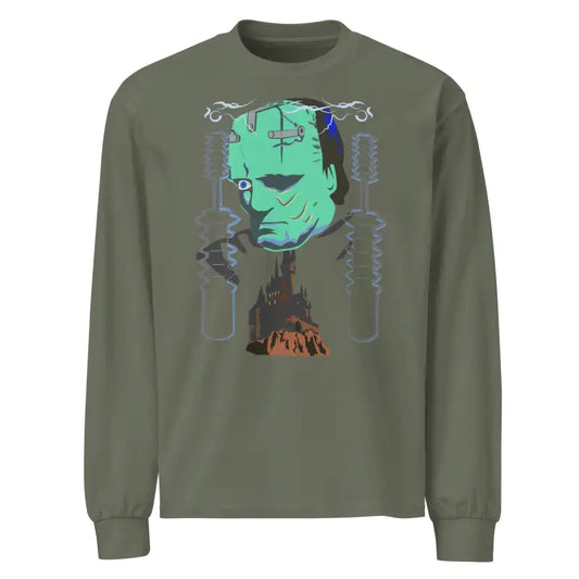 Olive green long-sleeved heavy tee featuring a Frankenstein Halloween graphic in cotton blend