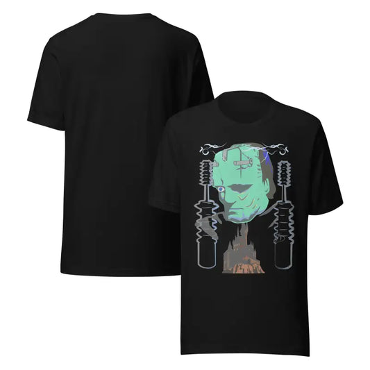 Black Franky Unisex T-Shirt featuring a graphic of Frankenstein’s Monster in classic horror style