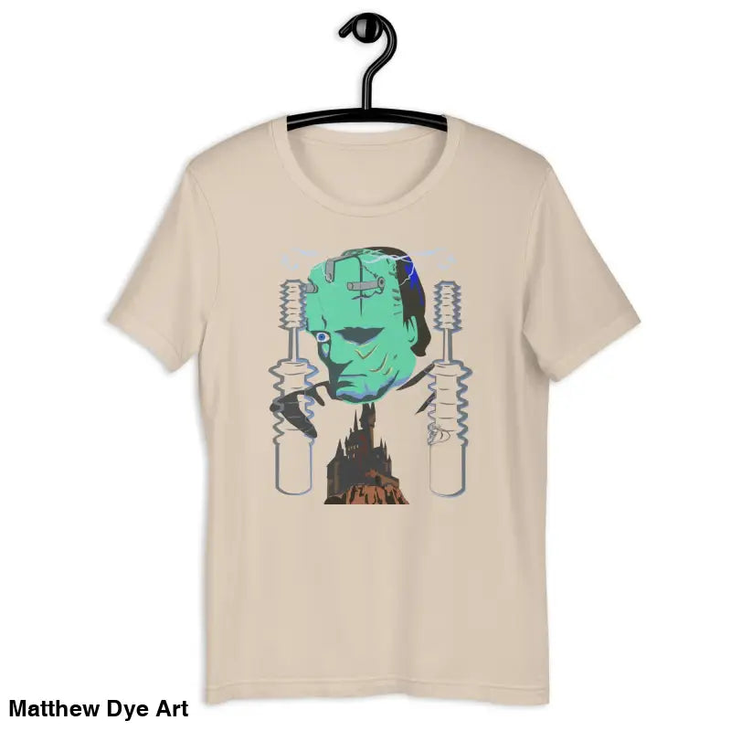 Beige Franky unisex t-shirt featuring a graphic of Frankenstein’s monster in classic horror style