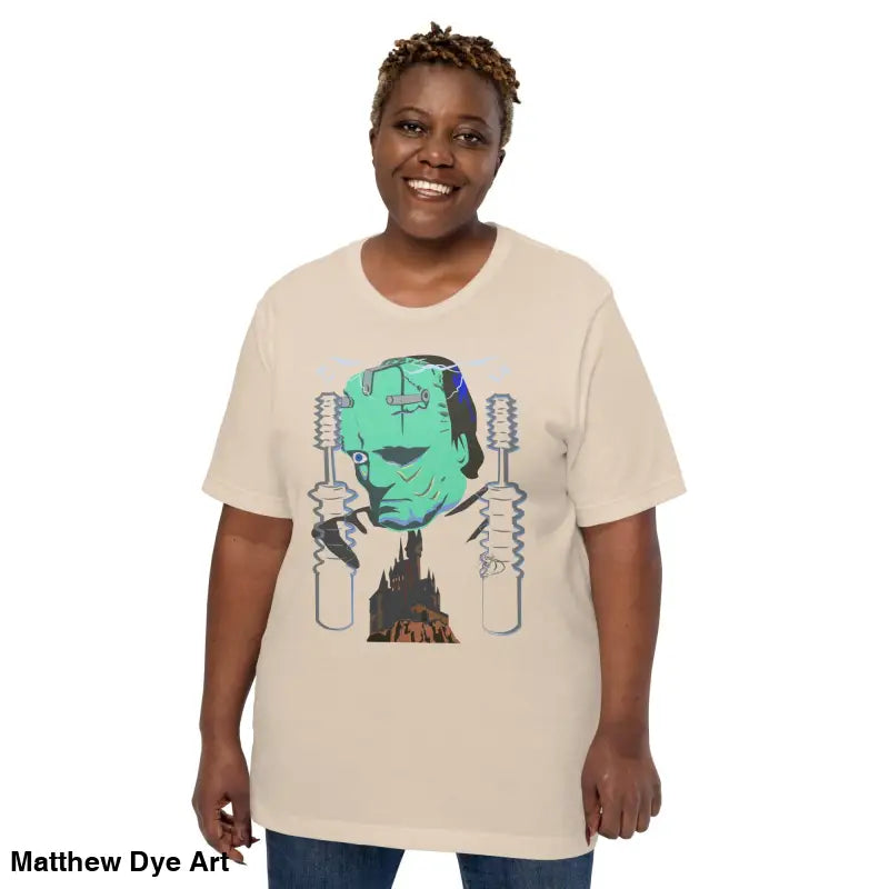 Beige Franky unisex t-shirt featuring a graphic of Frankenstein’s monster for classic horror fans