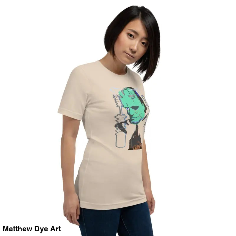 Beige Franky unisex t-shirt featuring Frankenstein’s monster graphic in classic horror style