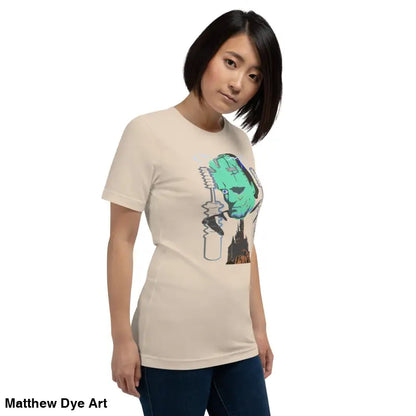 Beige Franky unisex t-shirt featuring Frankenstein’s monster graphic in classic horror style
