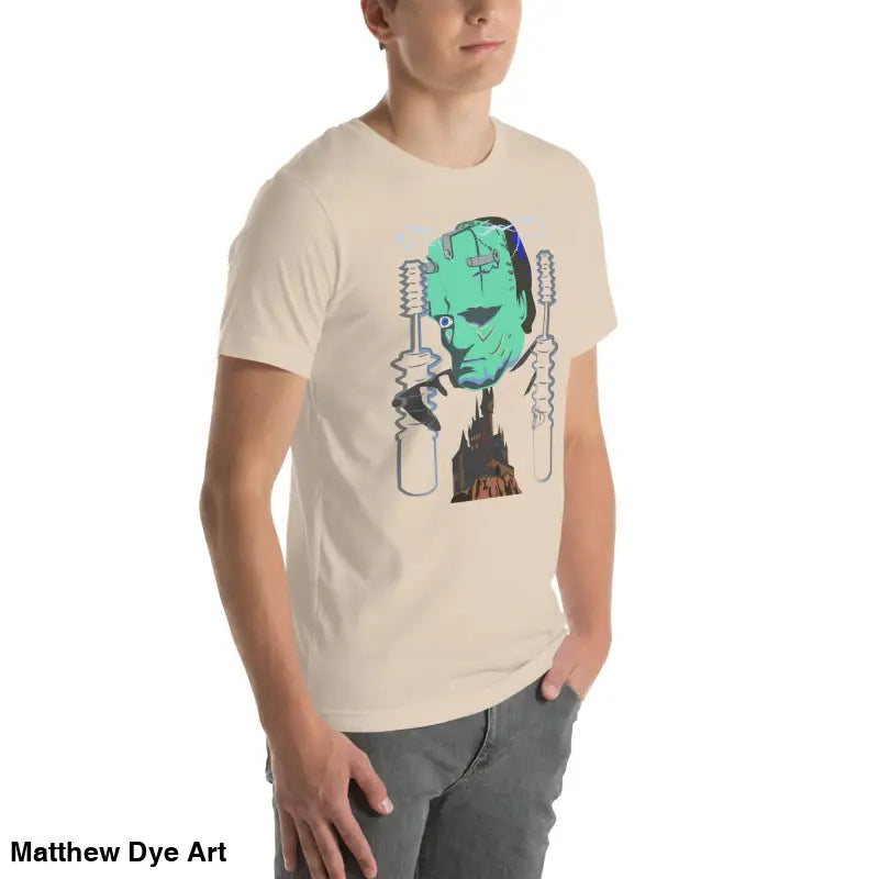 Beige Franky unisex t-shirt featuring a graphic of Frankenstein’s monster for classic horror fans