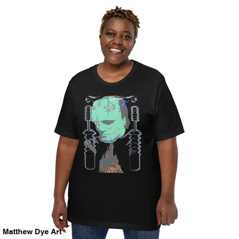 Black Franky unisex t-shirt featuring a graphic of Frankenstein’s monster in classic horror style