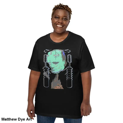 Black Franky unisex t-shirt featuring a graphic of Frankenstein’s monster in classic horror style