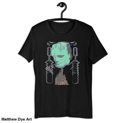 Black franky unisex t-shirt featuring a graphic of Frankenstein’s monster in horror art style