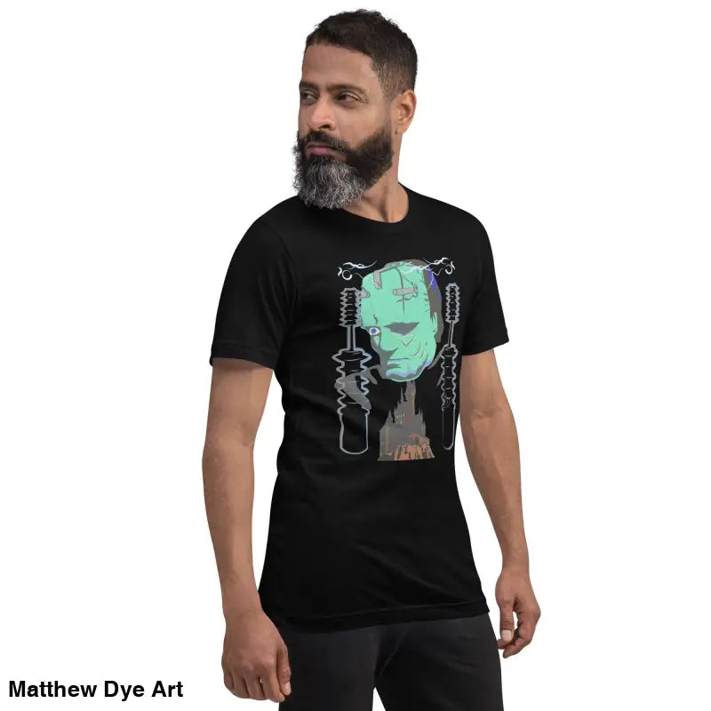 Black Franky unisex t-shirt featuring a graphic of Frankenstein’s monster in classic horror style