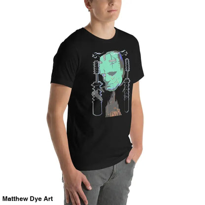 Black Franky unisex t-shirt featuring a graphic of Frankenstein’s Monster from classic horror