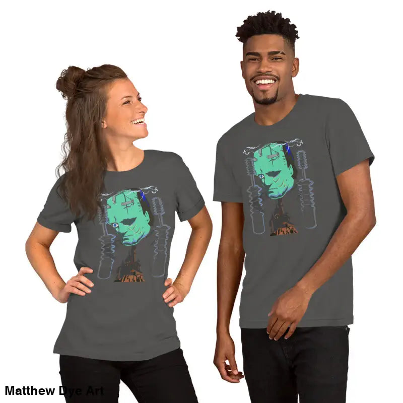 Matching Frankenstein t-shirts featuring classic horror art on Franky unisex t-shirt
