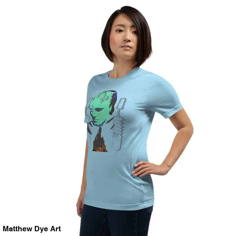 Light blue Franky unisex t-shirt featuring a graphic of Frankenstein’s monster