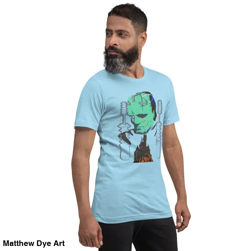 Light blue Franky unisex t-shirt featuring a graphic of Frankenstein’s monster in classic horror style