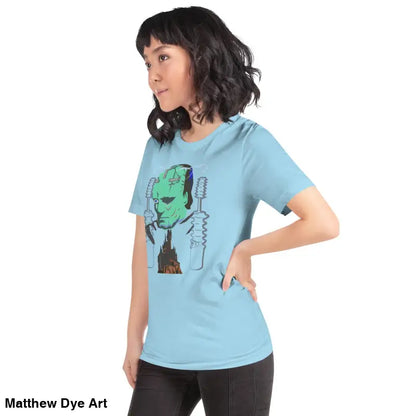 Light blue Franky unisex t-shirt featuring classic Frankenstein’s monster graphic design