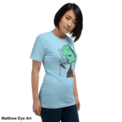 Light blue Franky unisex t-shirt featuring a graphic of Frankenstein’s monster in classic horror style