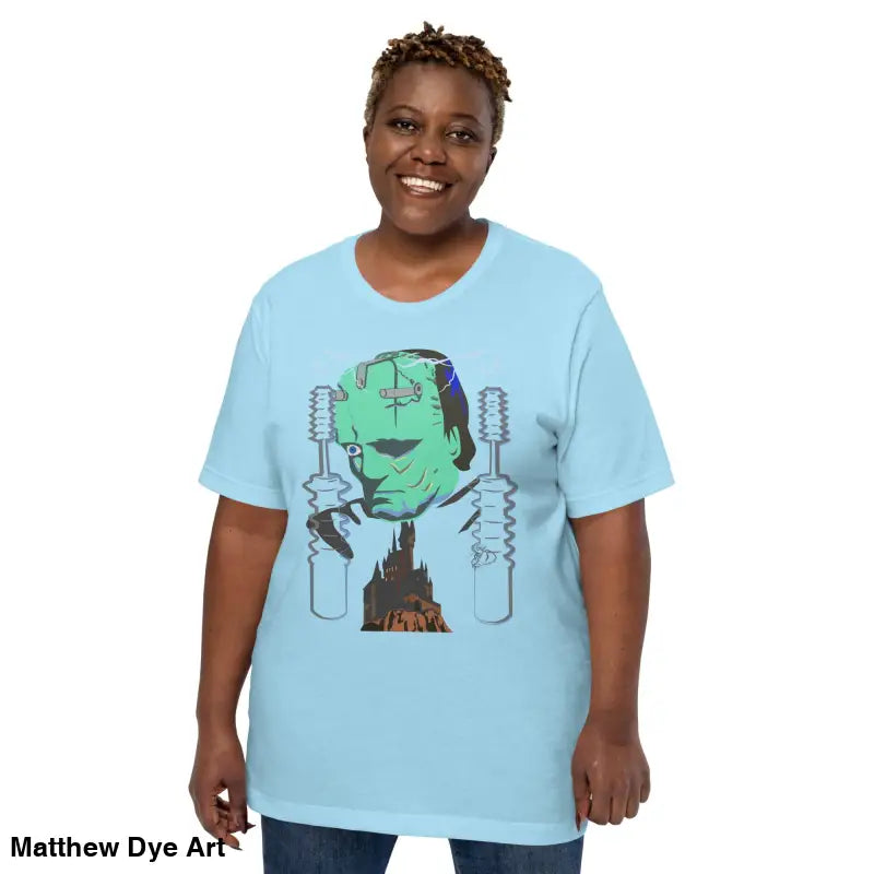 Light blue Franky unisex t-shirt featuring a graphic of Frankenstein’s monster