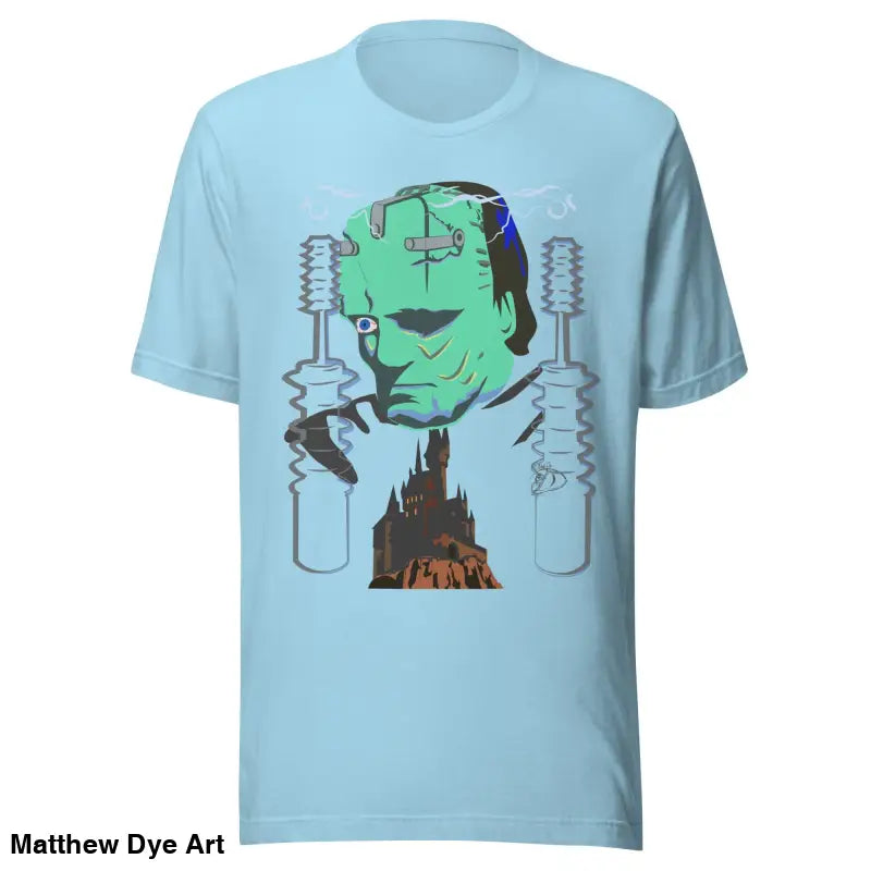 Light blue Franky unisex t-shirt featuring Frankenstein’s monster graphic for classic horror fans