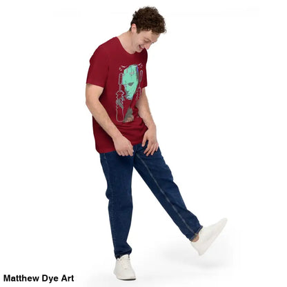 Man in maroon t-shirt and blue jeans wearing Franky Unisex T-Shirt featuring Frankenstein’s Monster