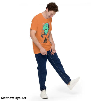Man in orange t-shirt and jeans wearing Franky Unisex T-Shirt featuring Frankenstein’s monster