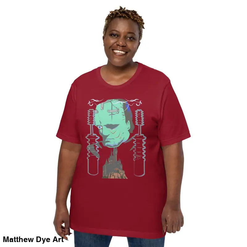 Maroon Franky unisex t-shirt featuring a graphic of Frankenstein’s monster in classic horror style