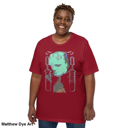 Maroon Franky unisex t-shirt featuring a graphic of Frankenstein’s monster in classic horror style