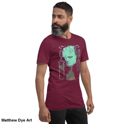 Maroon Franky unisex t-shirt featuring a classic horror graphic of Frankenstein’s monster