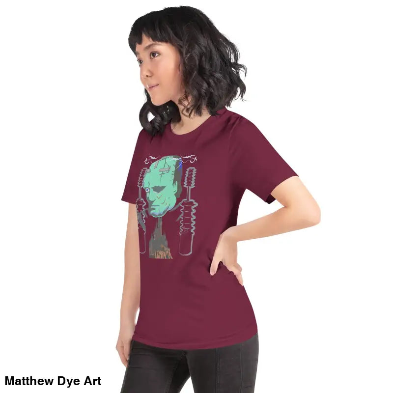 Maroon Franky unisex t-shirt featuring a graphic of Frankenstein’s monster in classic horror style