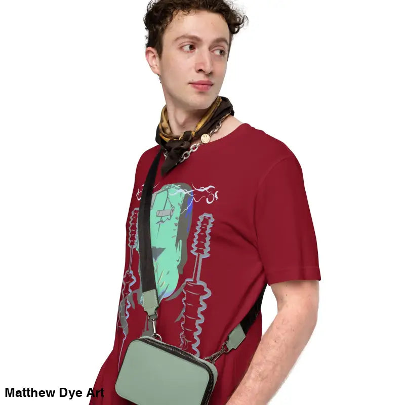 Maroon Franky Unisex T-shirt featuring classic horror Frankenstein’s monster graphic