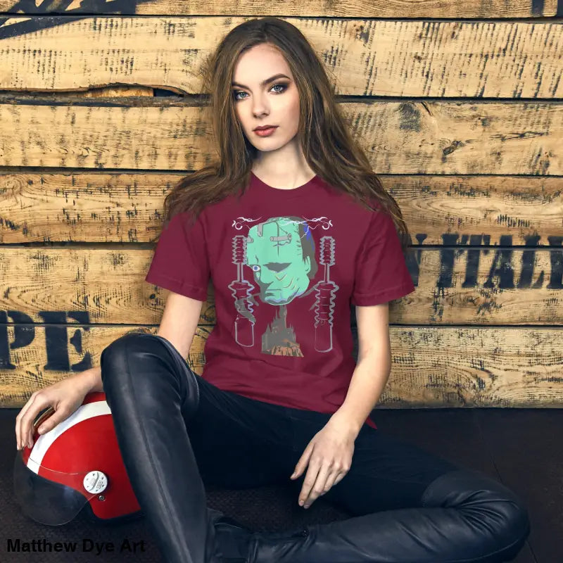 Maroon Franky unisex t-shirt featuring a graphic of Frankenstein’s monster for classic horror fans
