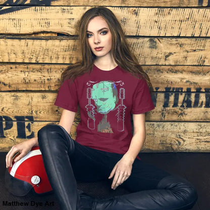 Maroon Franky unisex t-shirt featuring a graphic of Frankenstein’s monster for classic horror fans