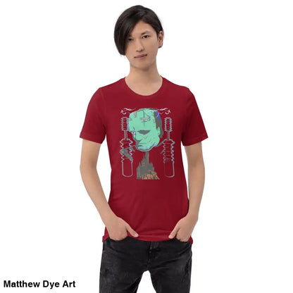 Maroon Franky Unisex T-Shirt featuring a classic horror Frankenstein graphic design