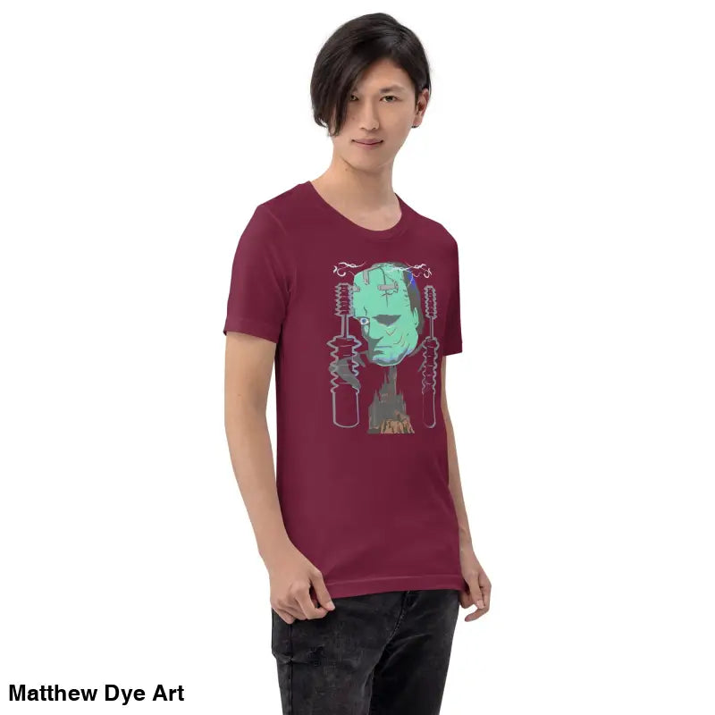 Maroon Franky Unisex T-Shirt featuring a graphic of Frankenstein’s Monster in classic horror style