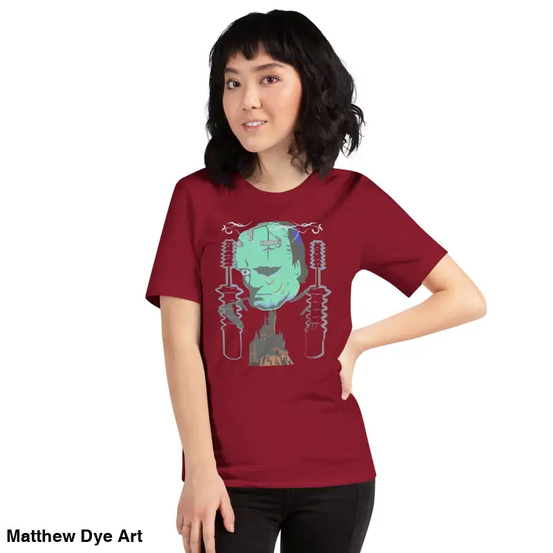 Maroon Franky Unisex T-shirt featuring a graphic of Frankenstein’s Monster in classic horror style