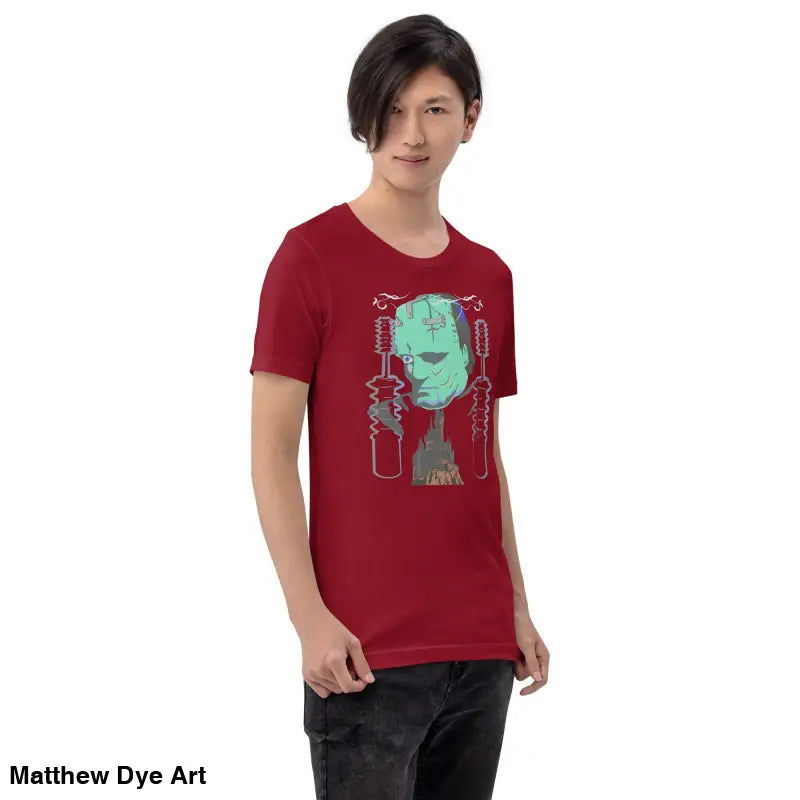 Maroon Franky unisex t-shirt featuring classic horror art of Frankenstein’s monster