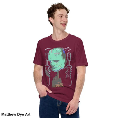 Maroon Franky Unisex T-Shirt featuring a graphic of Frankenstein’s monster in classic horror style