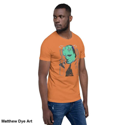 Orange Franky unisex t-shirt featuring a graphic of Frankenstein’s monster, classic horror design