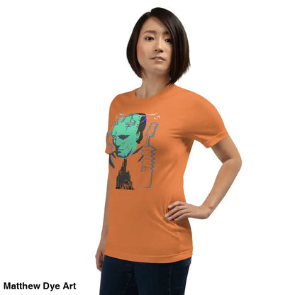 Orange Franky unisex t-shirt featuring a graphic of Frankenstein’s monster for classic horror fans