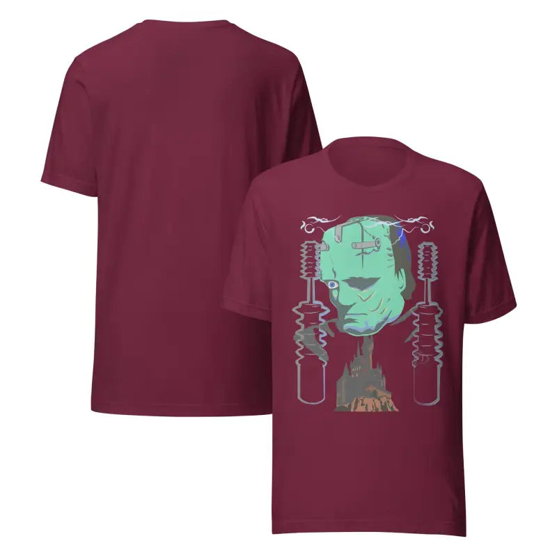 Maroon Franky unisex t-shirt featuring a graphic of Frankenstein’s monster for classic horror fans