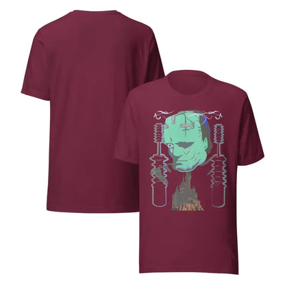 Maroon Franky unisex t-shirt featuring a graphic of Frankenstein’s monster for classic horror fans