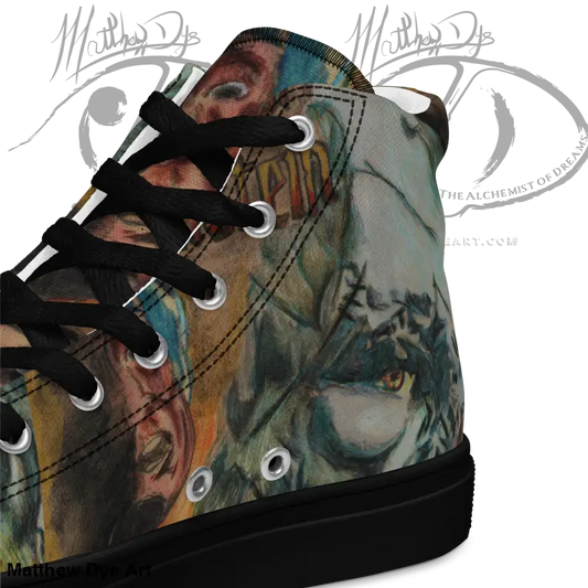 Vintage Frankenstein Canvas Shoes featuring high-top design and artistic camouflage print
