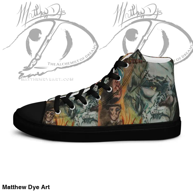 High-top sneaker with fantasy dragon artwork on Vintage Frankenstein Canvas upper