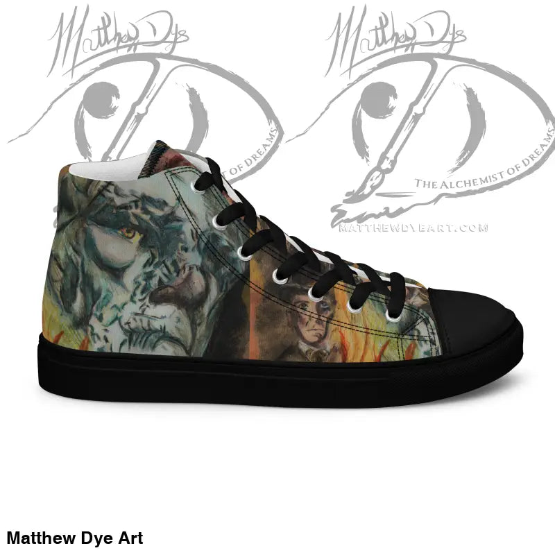 High-top Vintage Frankenstein Canvas Shoes featuring fantasy artwork and faux leather toe cap