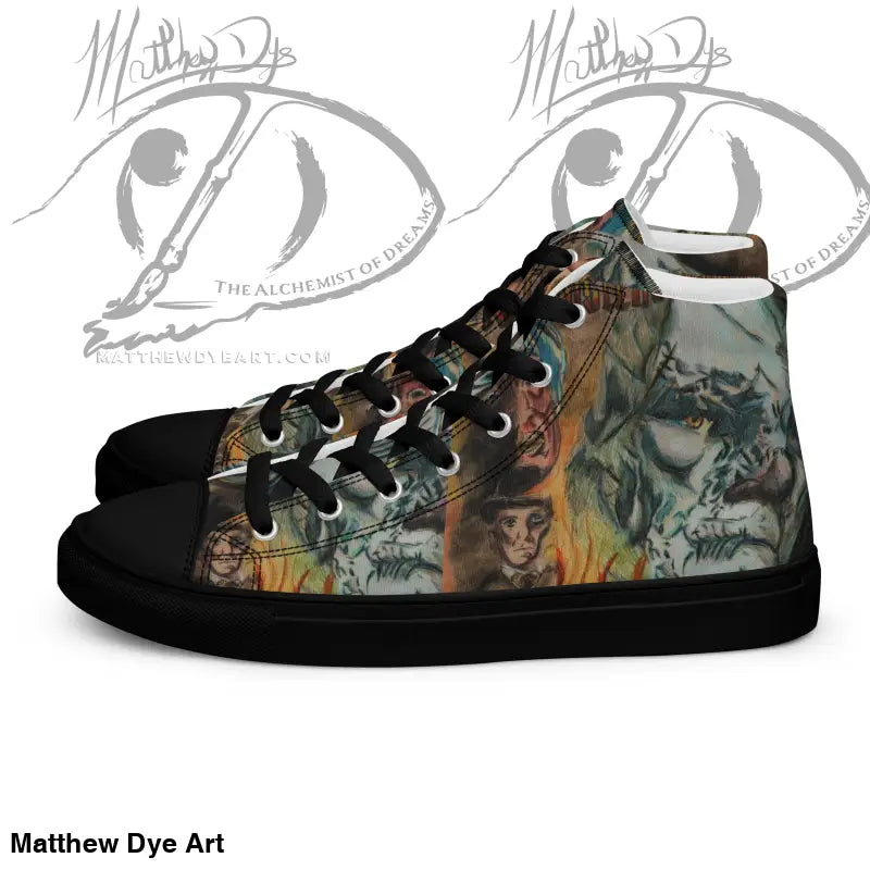 High-top sneaker with vintage Frankenstein canvas and faux leather toe cap graphics